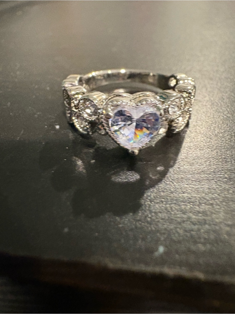 Silver Heart Solitaire Ring with Clear Crystal Accent